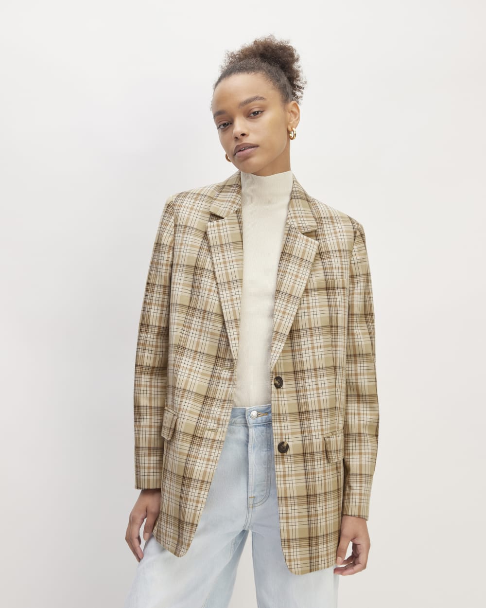 womens-tencel-oversized-blazer-pale-khaki-plaid | primary