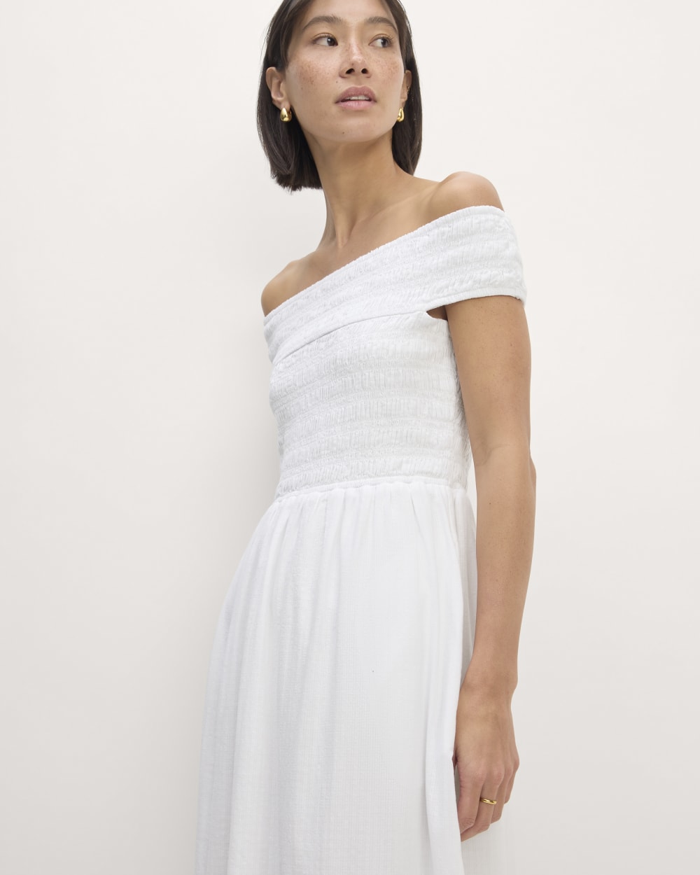 white gauzy dress The Gauze Off-the-Shoulder Dress