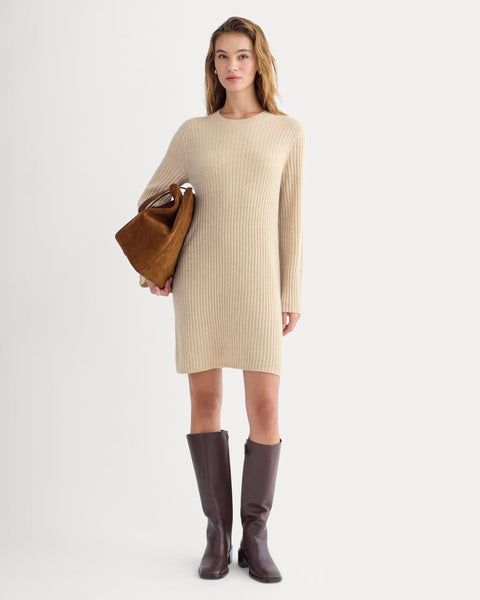 Everlane Cashmere Long-Sleeve Mini Dress in Heather Light Camel, Size XXL