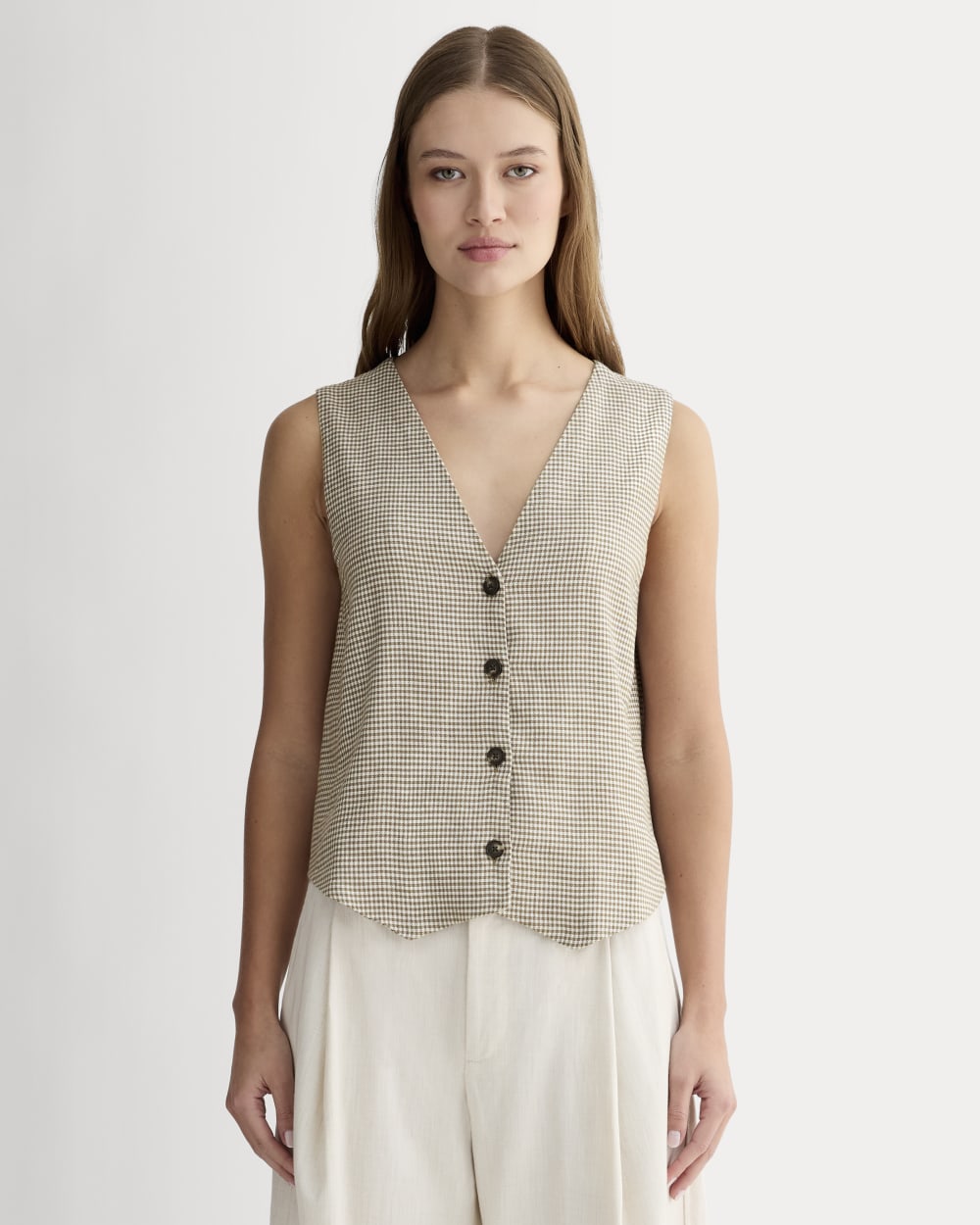 womens-vest-stretch-linen-deep-taupe-mini-gingham | primary