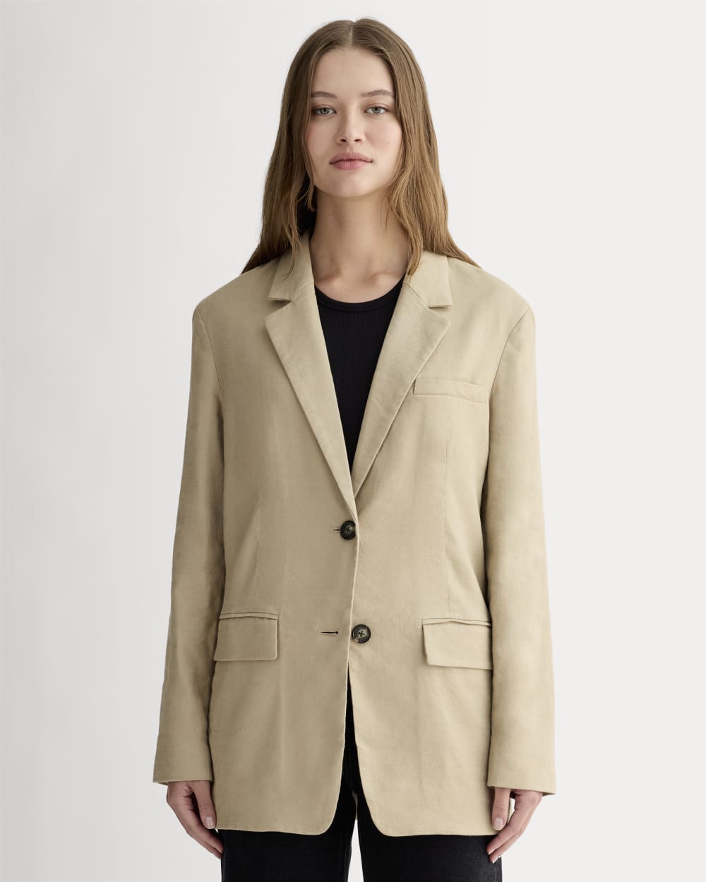 womens-oversized-blazer-stretch-linen-trench-coat-khaki | primary
