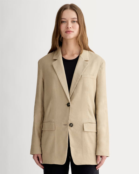 womens-oversized-blazer-stretch-linen-trench-coat-khaki | primary