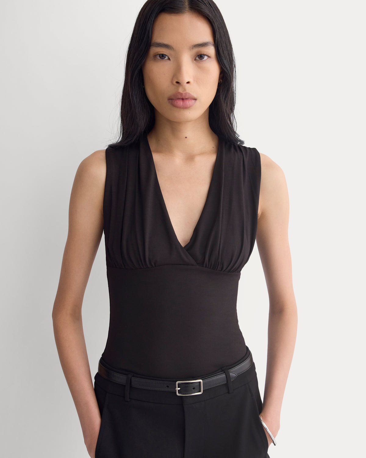 Drapey Jersey V-Neck Top | Black
