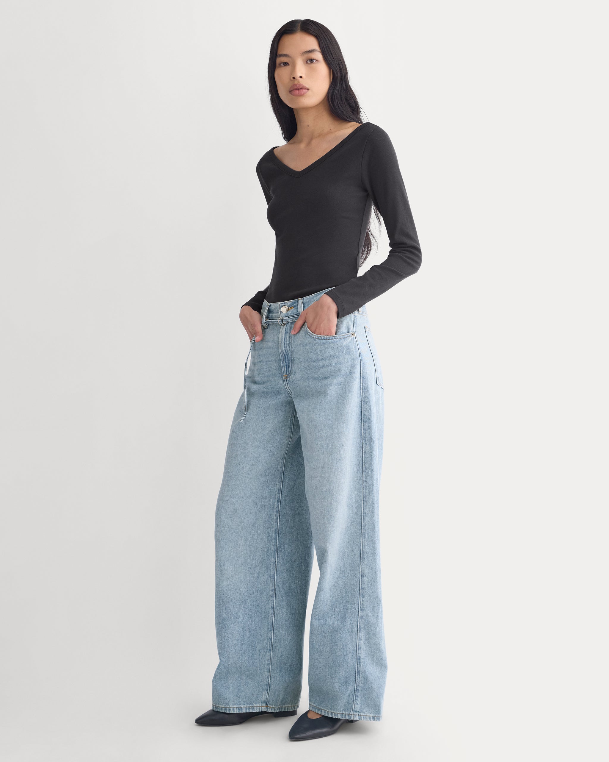 RetroSoft Cotton Wide V-Neck Top | Black