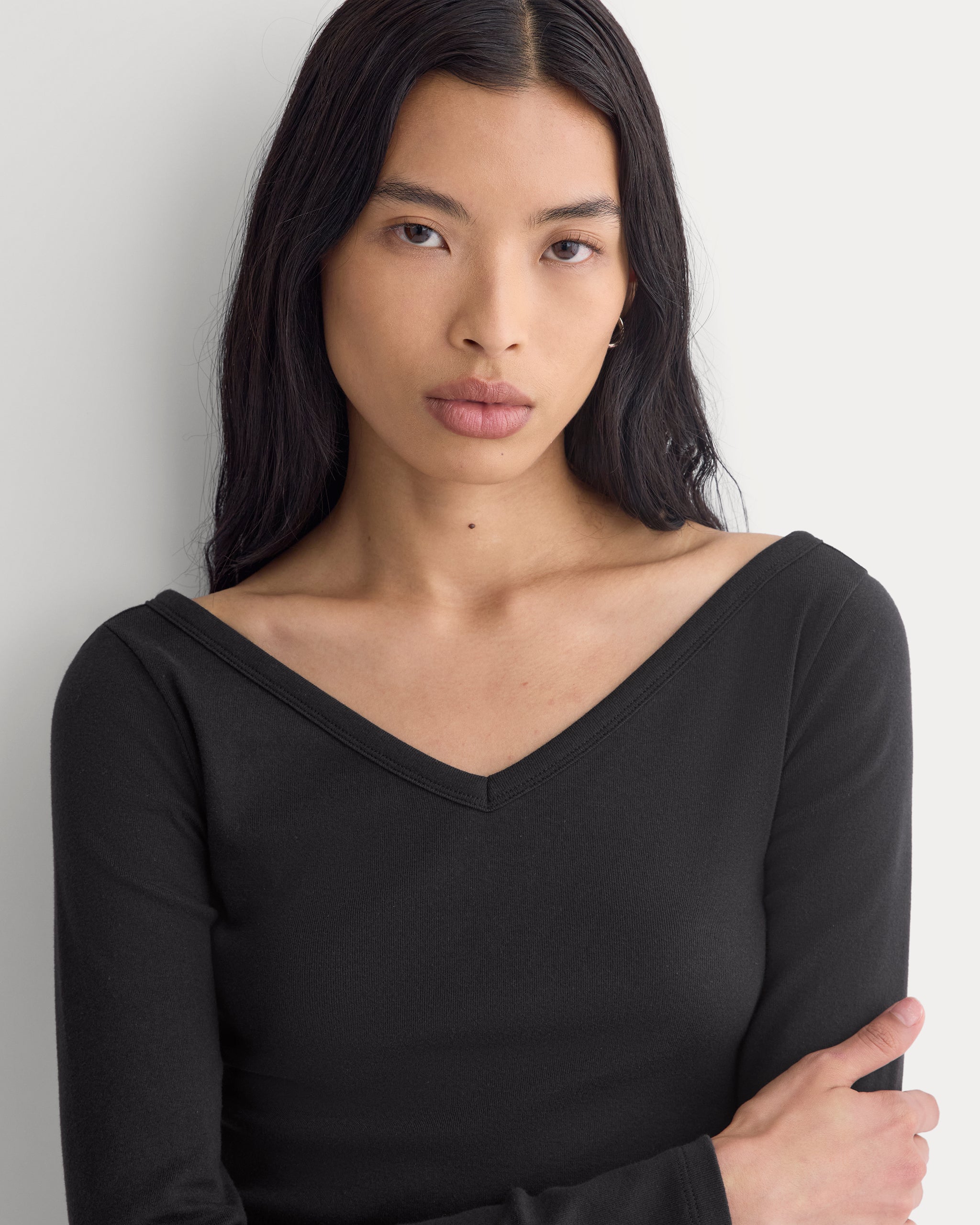 RetroSoft Cotton Wide V-Neck Top | Black