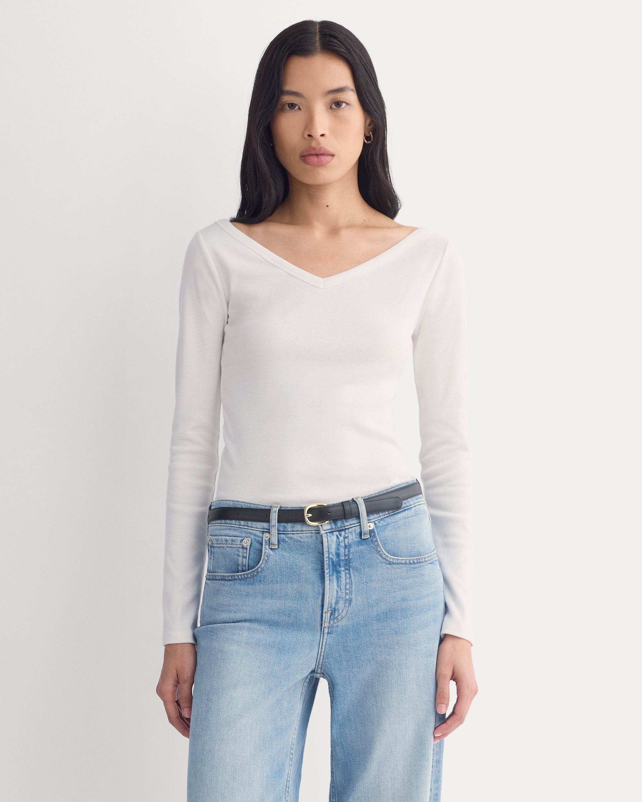 RetroSoft Cotton Wide V-Neck Top | Bone