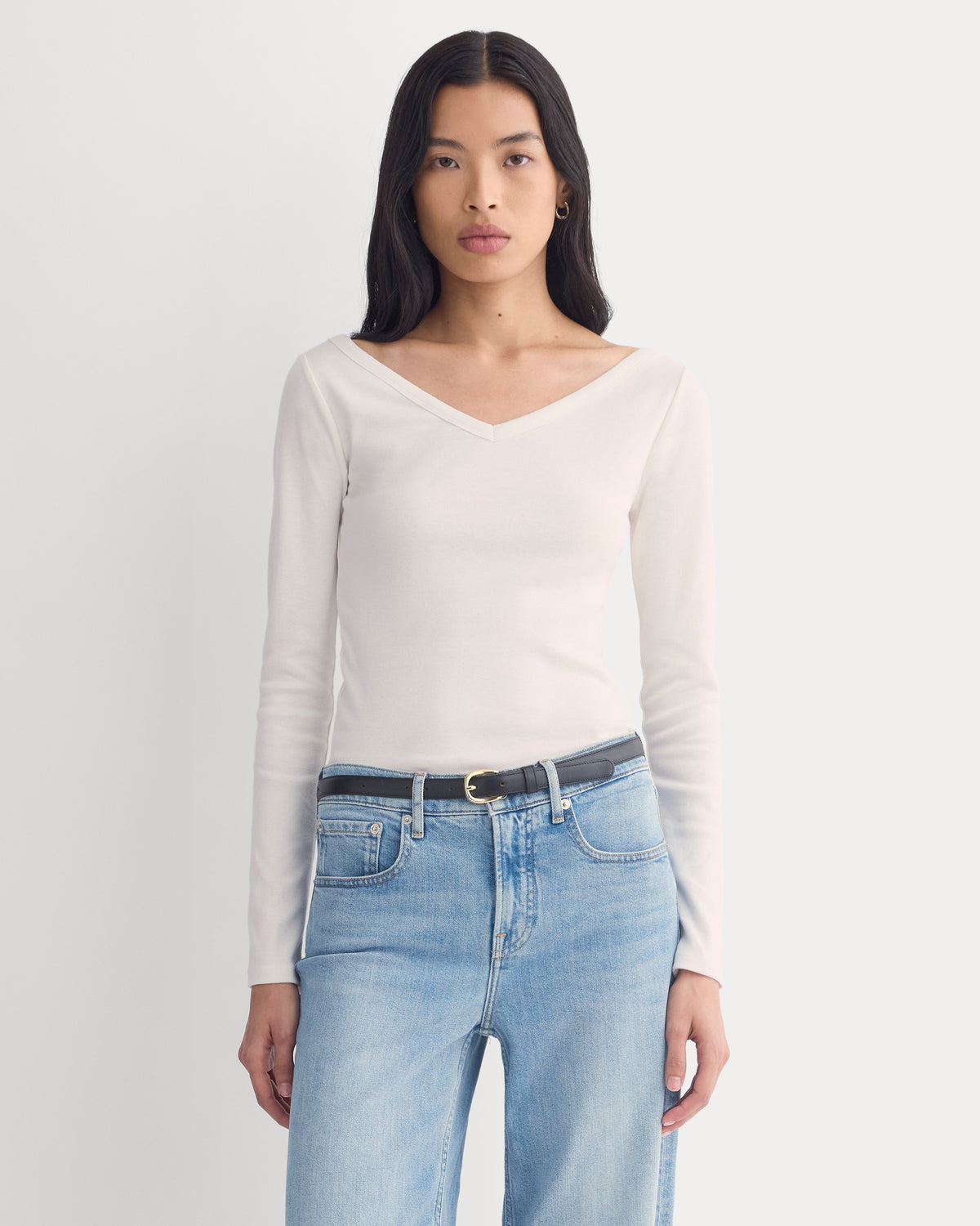 RetroSoft Cotton Wide V-Neck Top | Bone