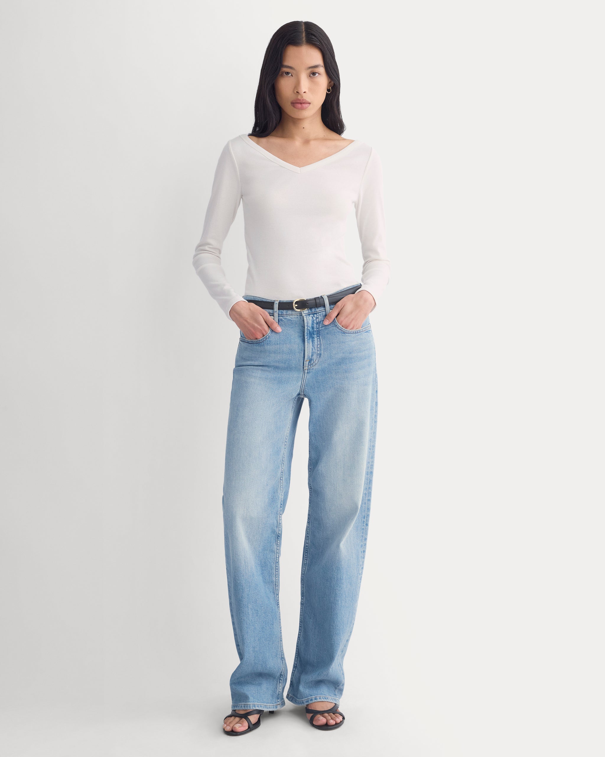 RetroSoft Cotton Wide V-Neck Top | Bone