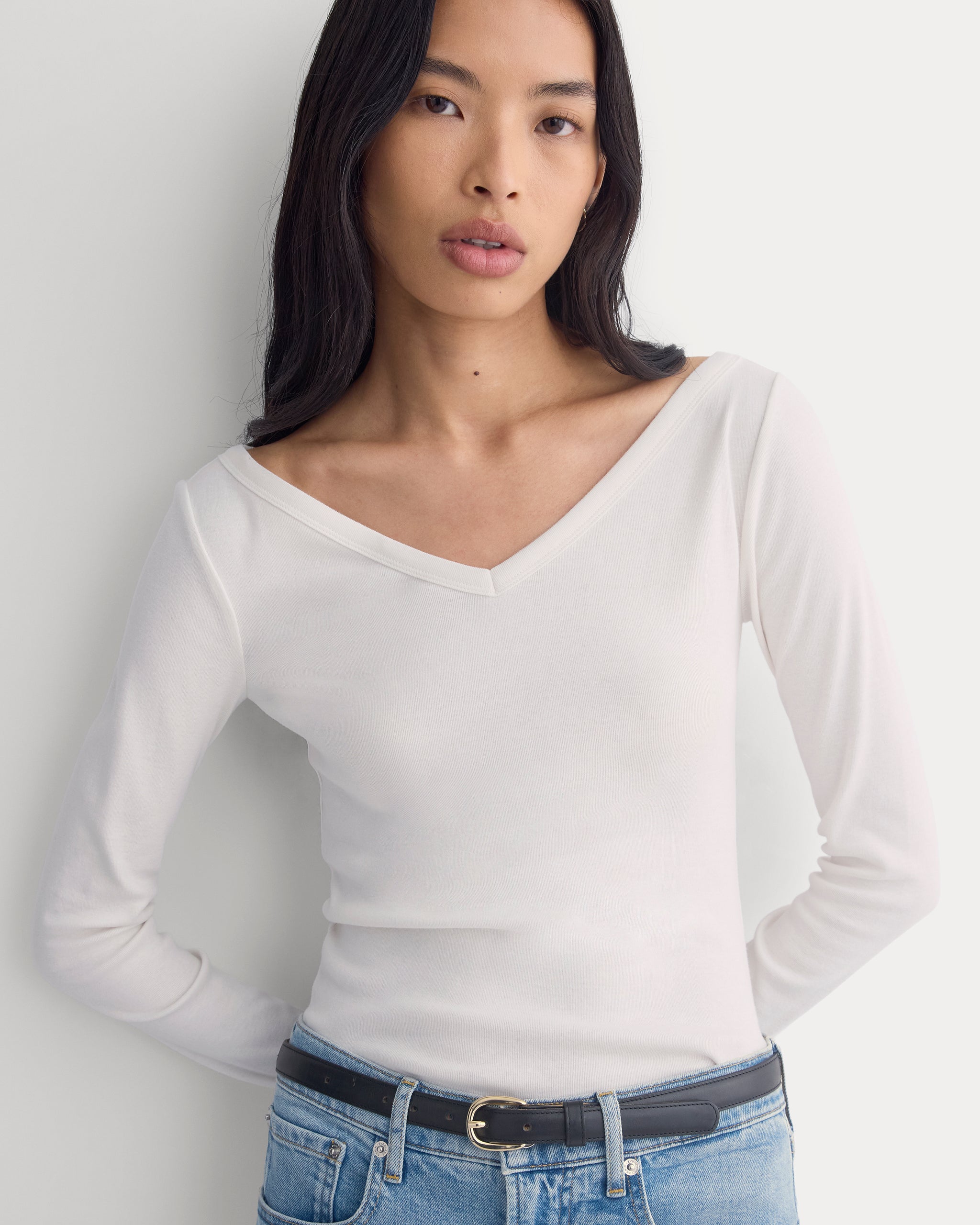 RetroSoft Cotton Wide V-Neck Top | Bone