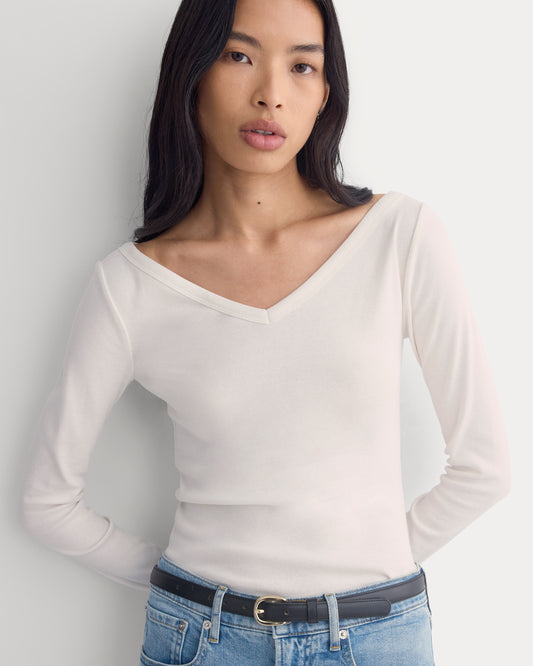 RetroSoft Cotton Wide V-Neck Top | Bone