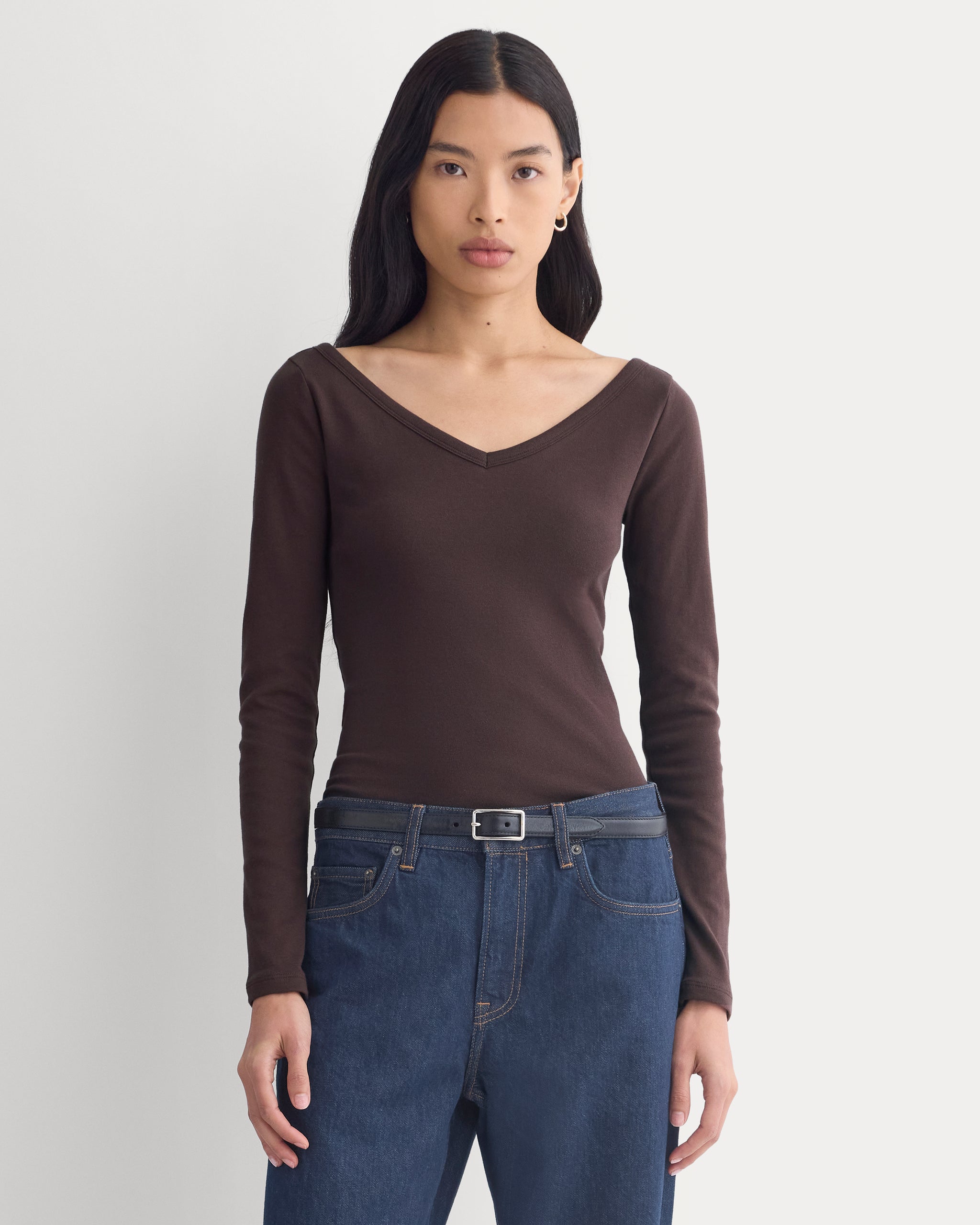RetroSoft Cotton Wide V-Neck Top | Coffee Bean