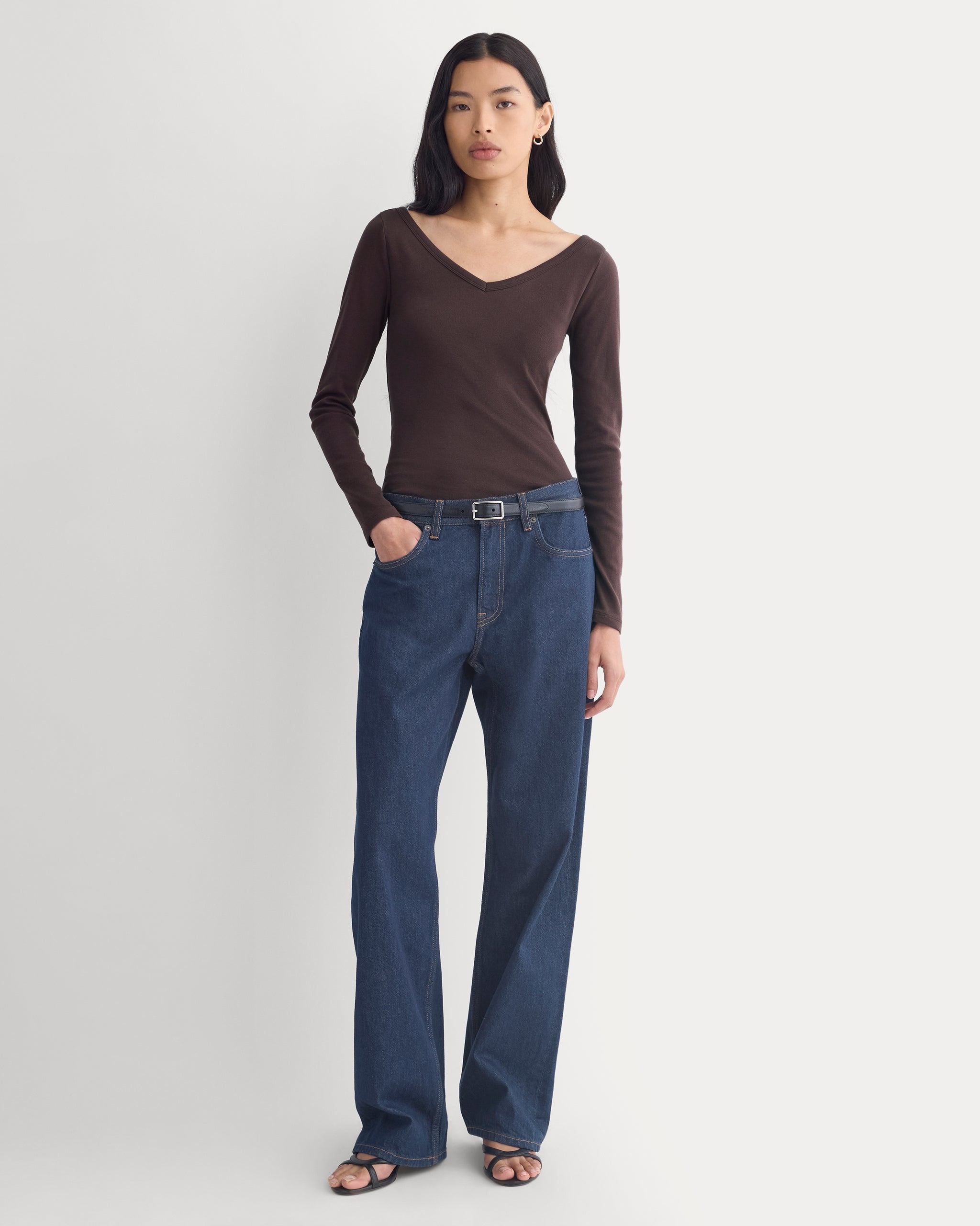 RetroSoft Cotton Wide V-Neck Top | Coffee Bean