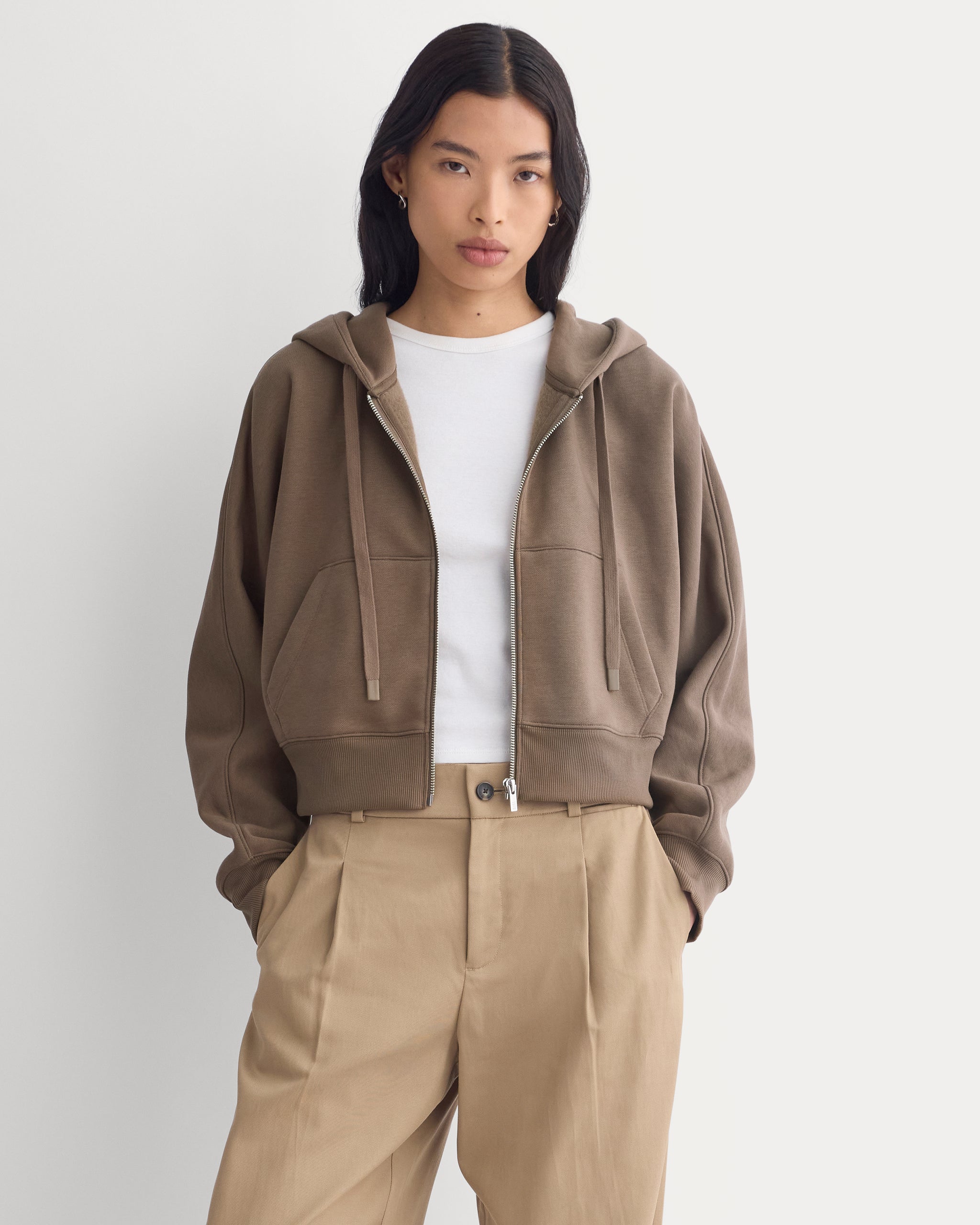 Luxe Fleece Full-Zip Cropped Hoodie | Deep Taupe