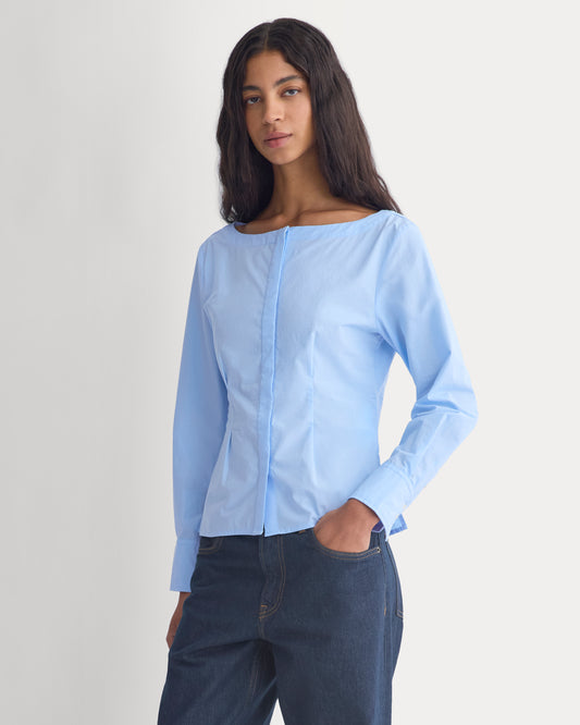 Boatneck Fitted Shirt in Lightweight Cotton | Open Air Blue