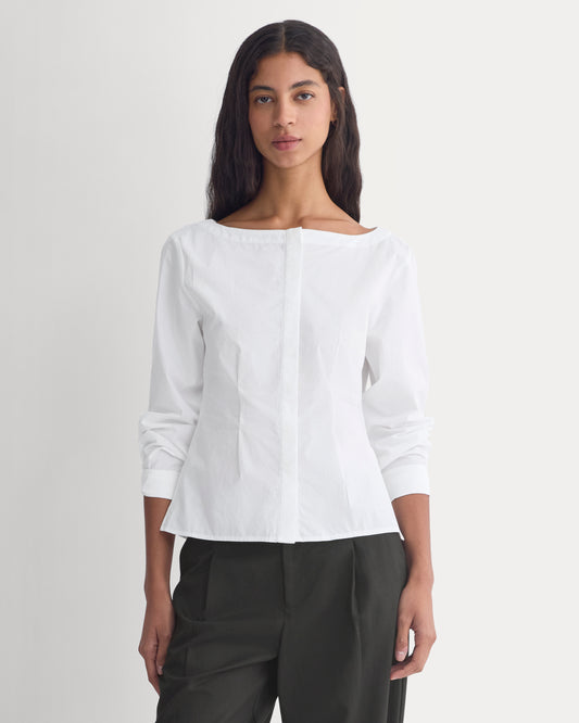 Boatneck Fitted Shirt in Lightweight Cotton | White