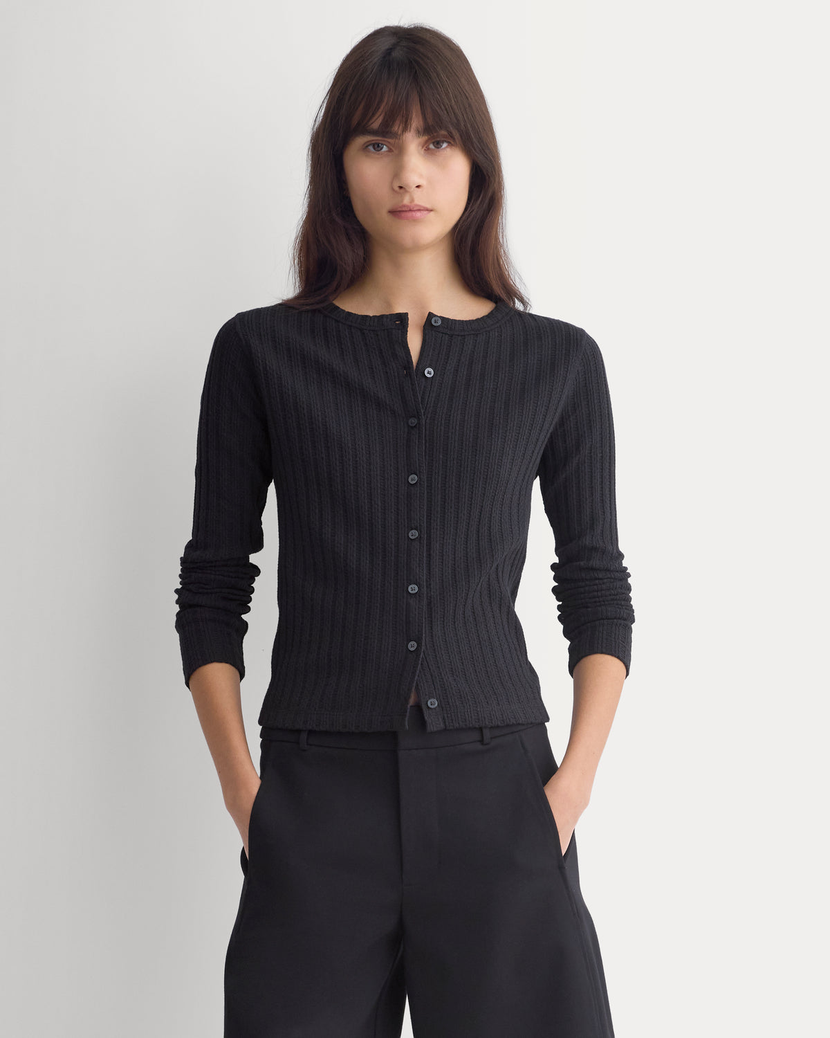 Pointelle Rib Cardigan - Black |  Black
