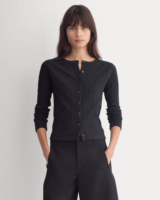 Pointelle Rib Cardigan - Black |  Black