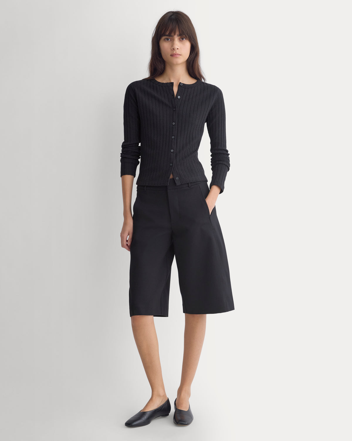 Pointelle Rib Cardigan - Black |  Black