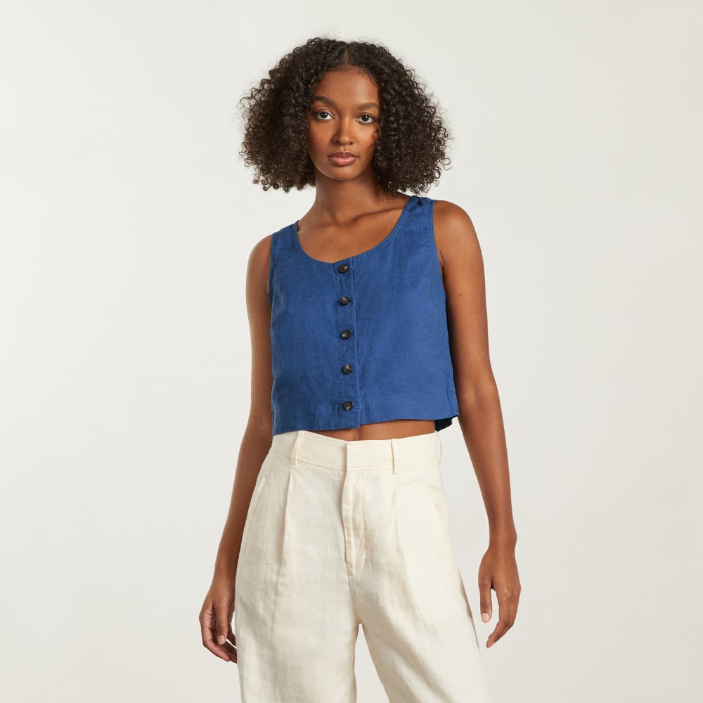 womens-linen-button-crop-tank-deep-blue | primary
