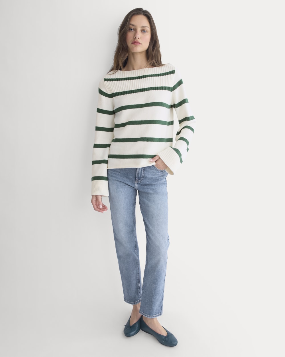 womens-striped-boatneck-sweater-cotton-hunter-green-bone