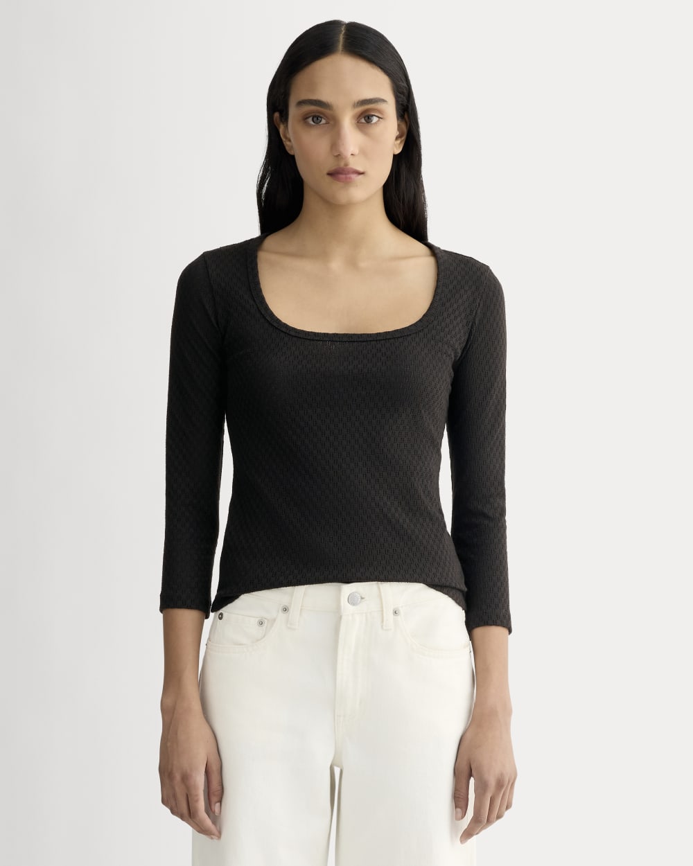 womens-pointelle-scoop-neck-top-black | primary