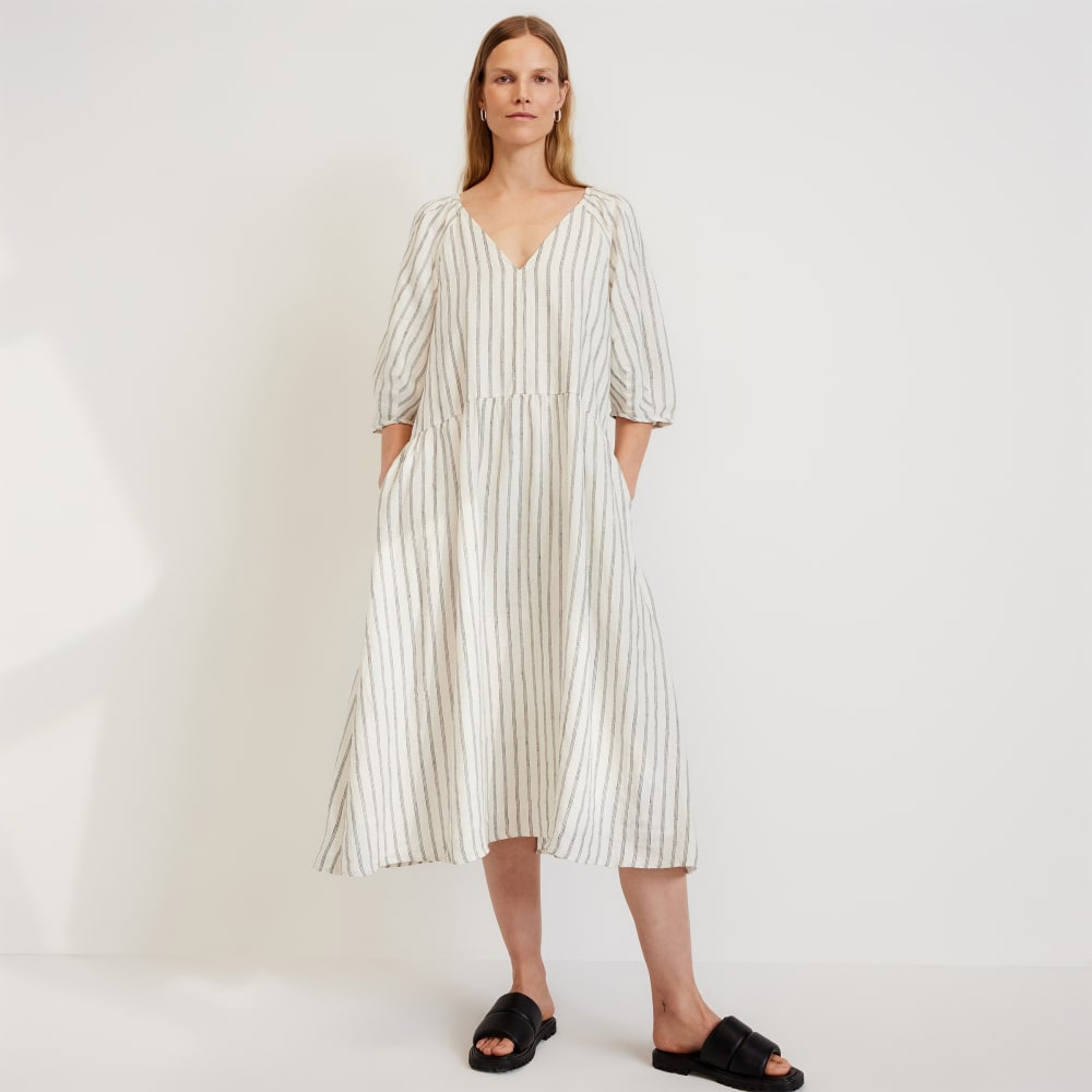 womens-linen-puff-sleeve-dress-black-canvas-tan | primary