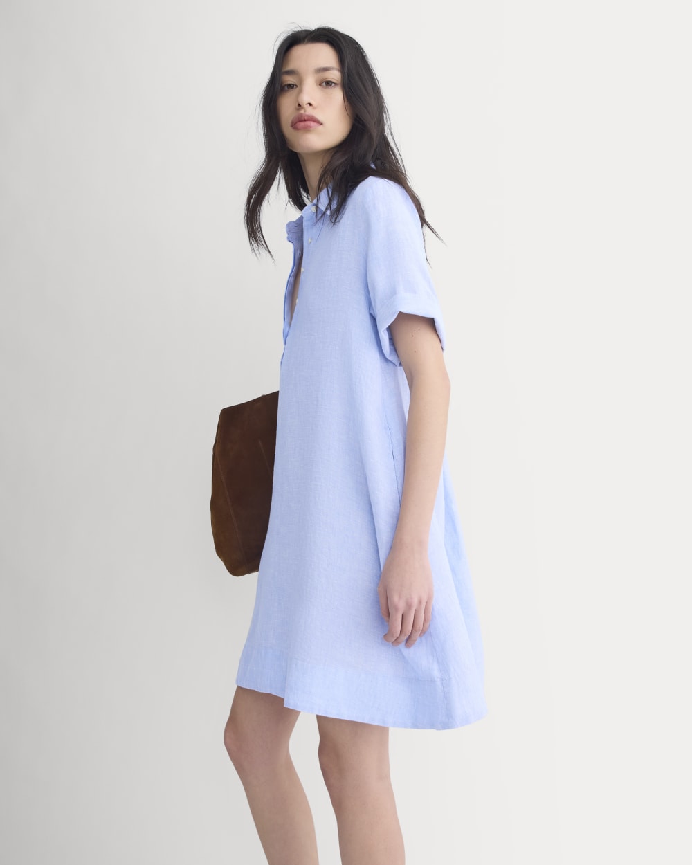 Everlane Mini Popover Shirtdress, Linen, Light Blue, Size XL