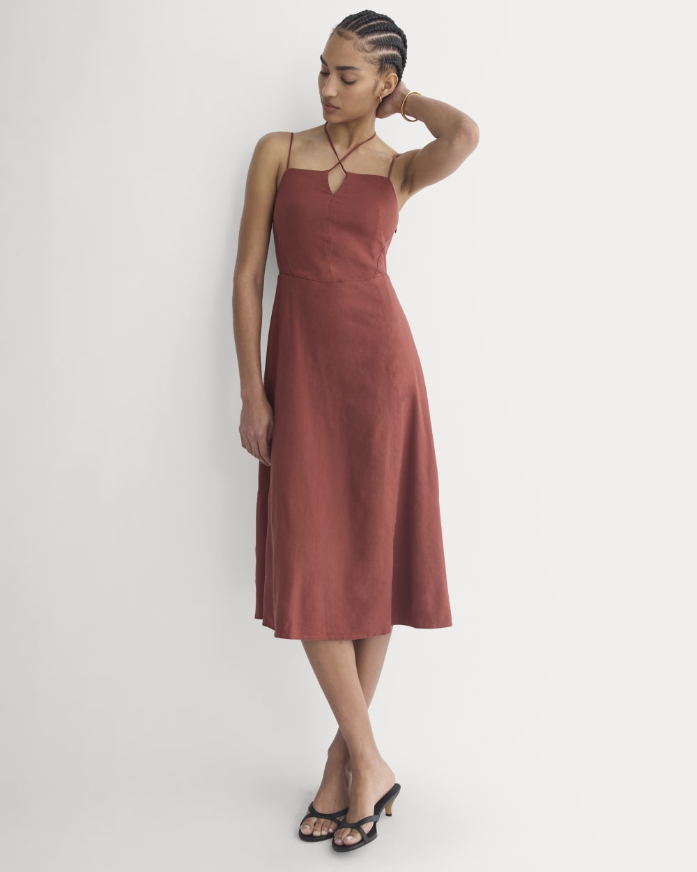 womens-tie-neck-dress-in-stretch-linen-henna-red | primary