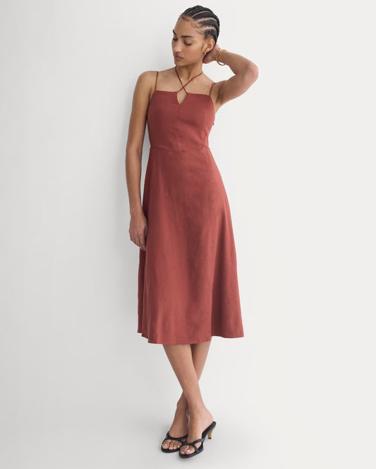 womens-tie-neck-dress-in-stretch-linen-henna-red | primary