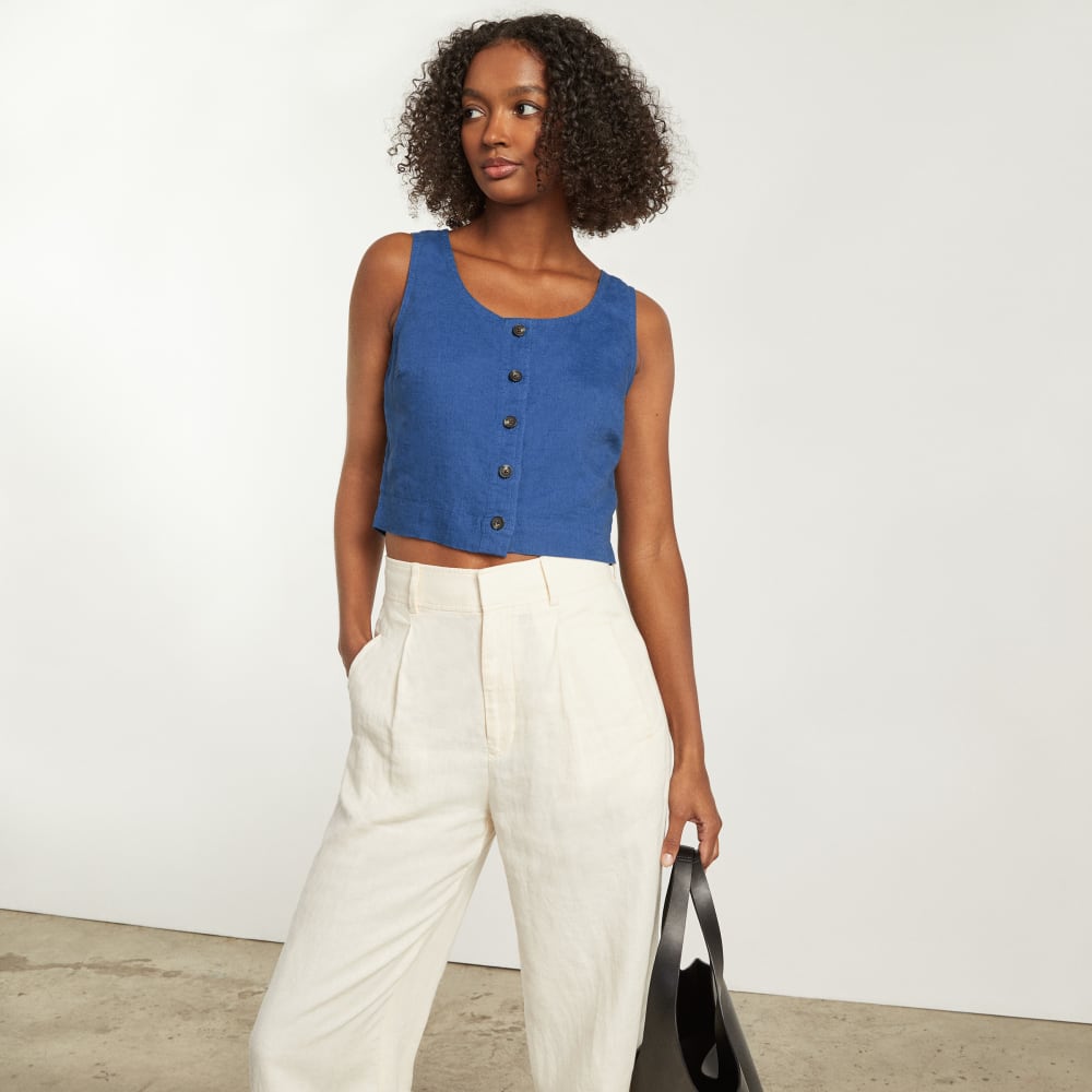 The Linen Button-Front Crop Tank | Deep Blue – Everlane