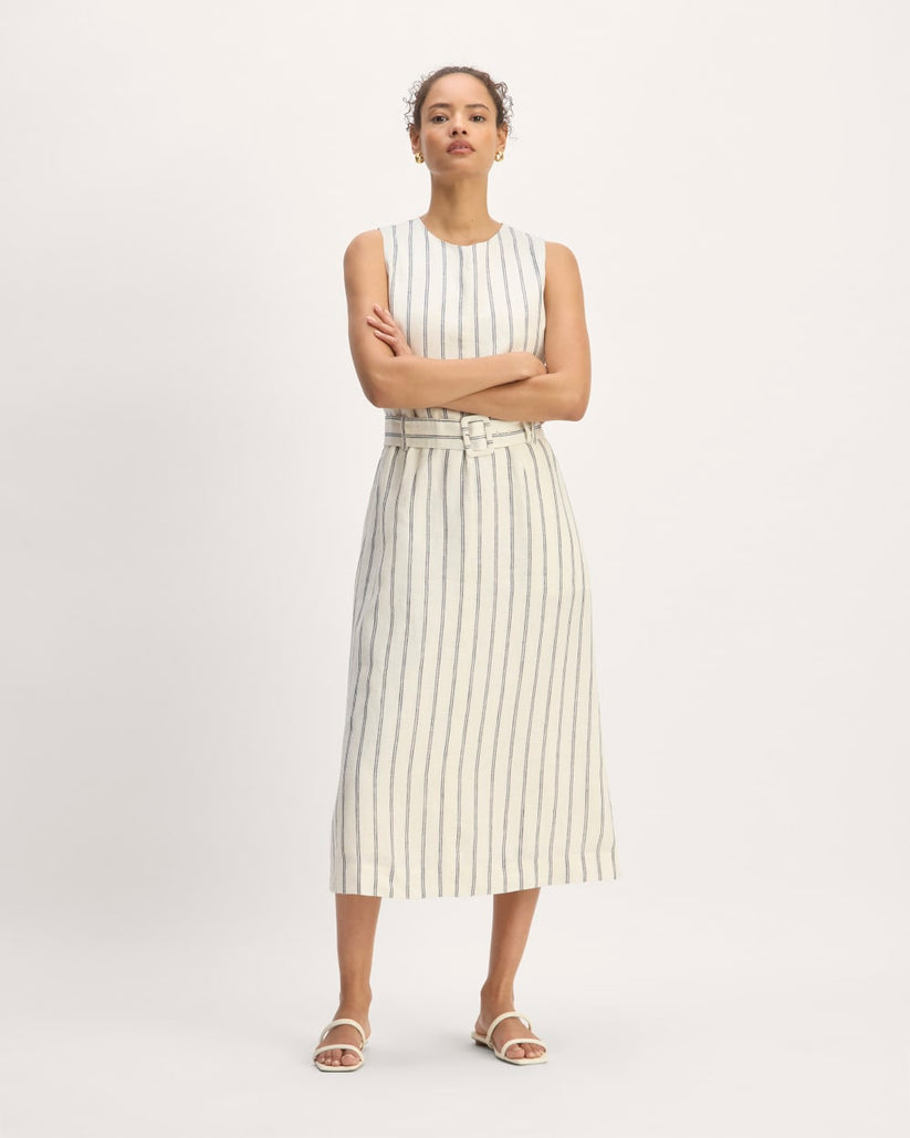 Belted Linen Blend Jersey Dress Navy