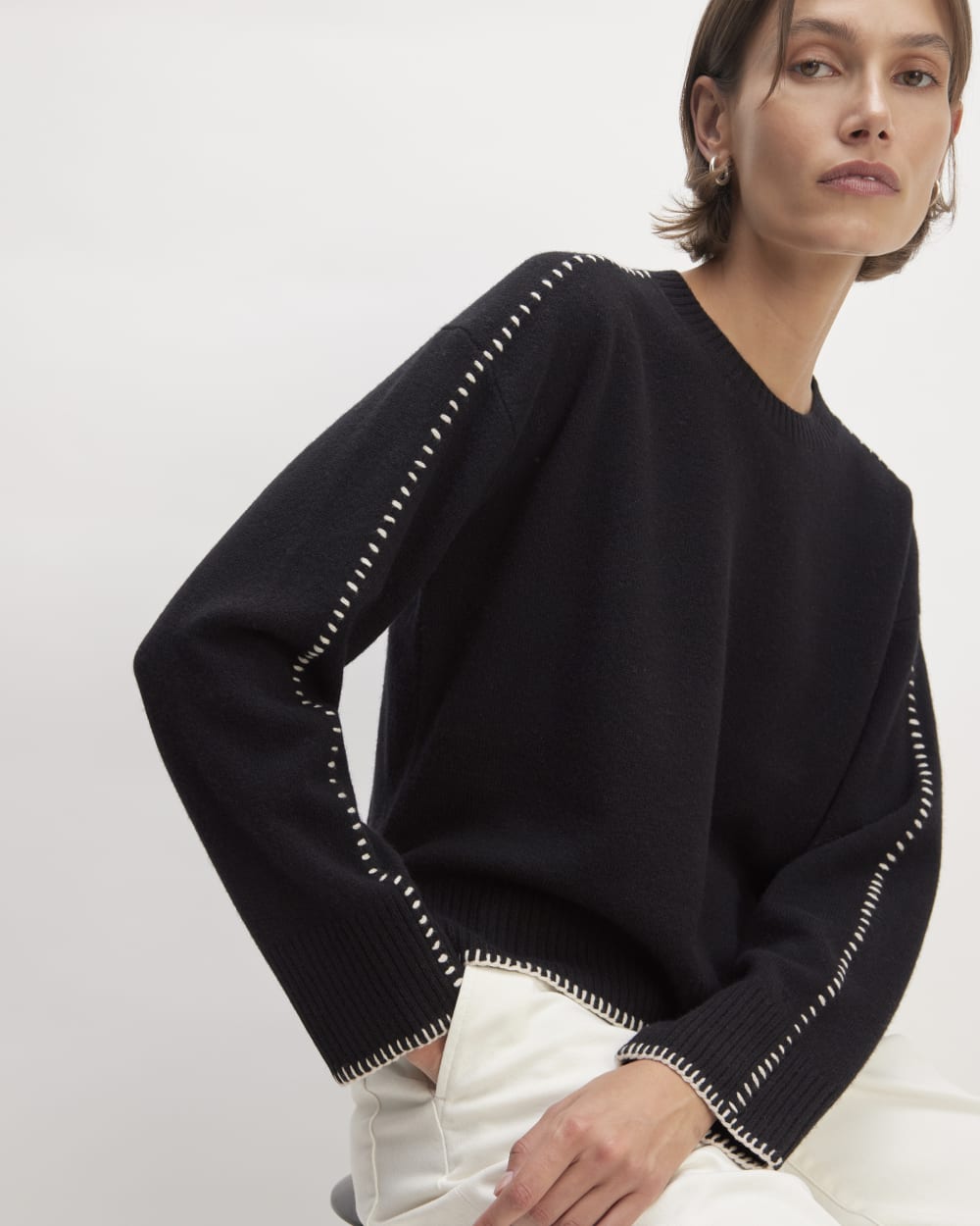The Good Merino Wool Crewneck Sweater | Black / Buttermilk – Everlane