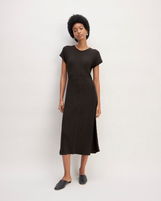 womens-rib-knit-cap-sleeve-midi-dress-black | primary