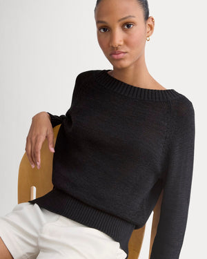 Wide-Neck Crew Sweater in Tape Yarn | Black