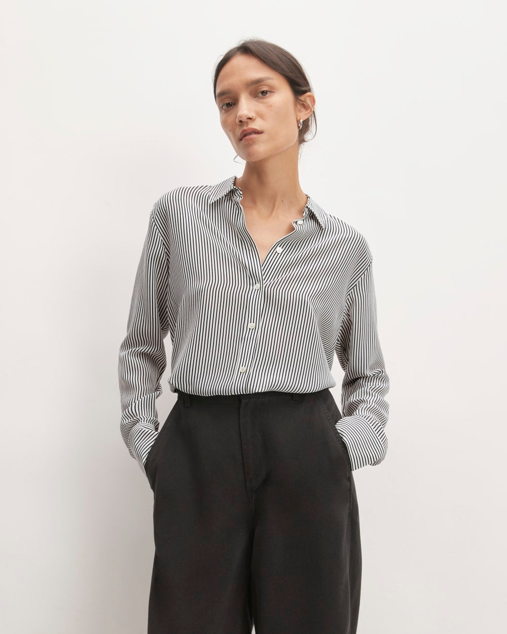 womens-clean-silk-relaxed-shirt-black-white | primary