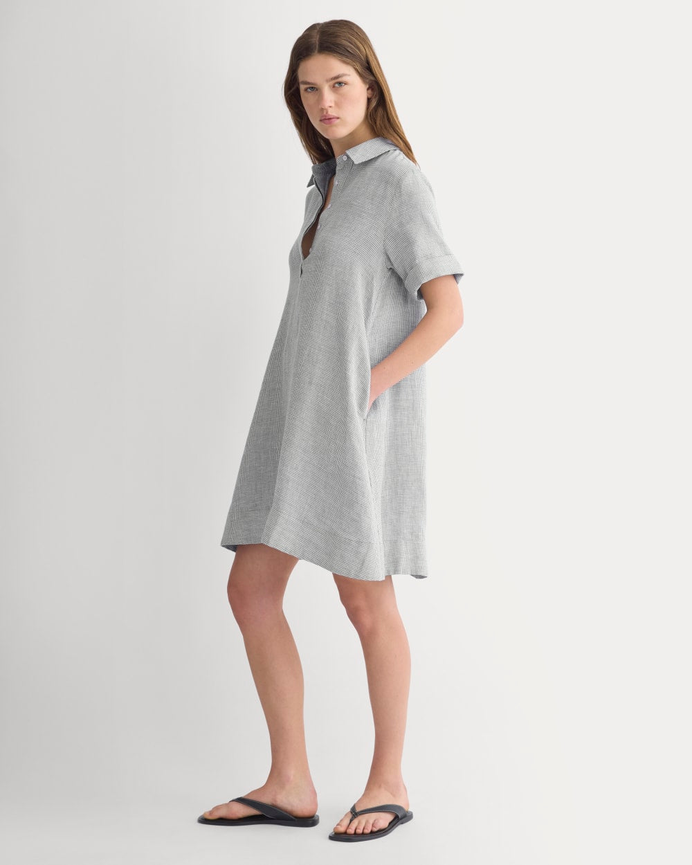 Everlane Mini Popover Shirtdress, Linen, Agave/Bone, Size XS