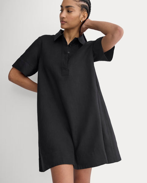 linen-blend popover mini dress 100% European Linen Popover Mini Dress in Black