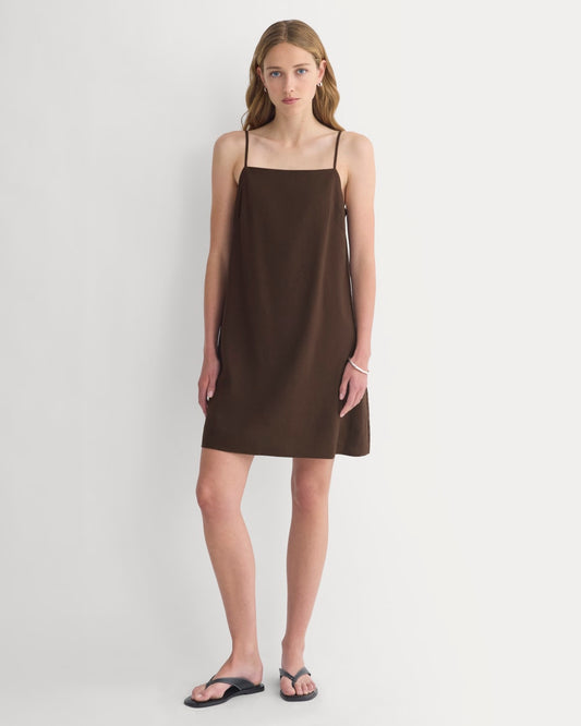 womens-mini-shift-dress-in-stretch-linen-dark-brown | primary