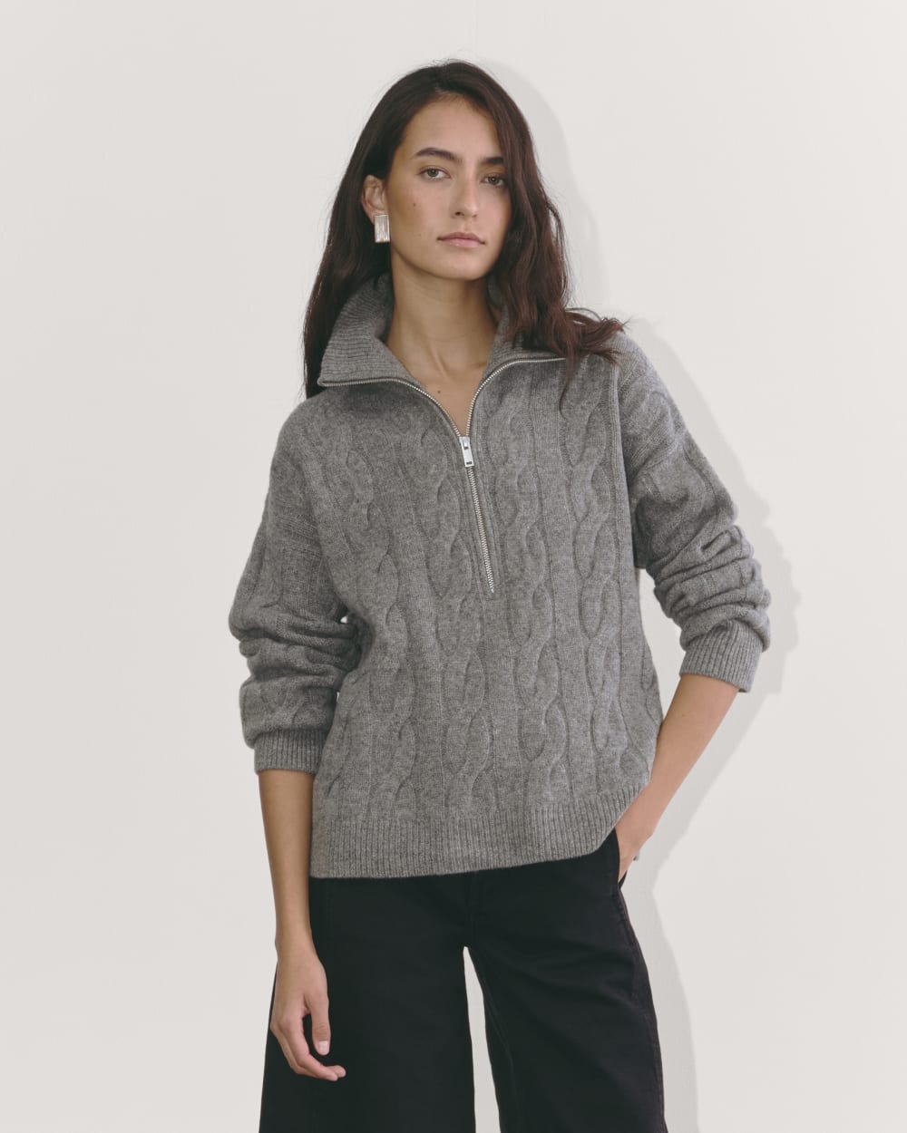 womens-felted-merino-cable-half-zip-heathered-mid-grey | primary