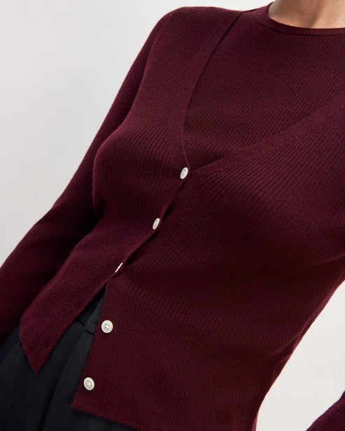Elaine – Merino Wool Cardigan in Burgundy Red