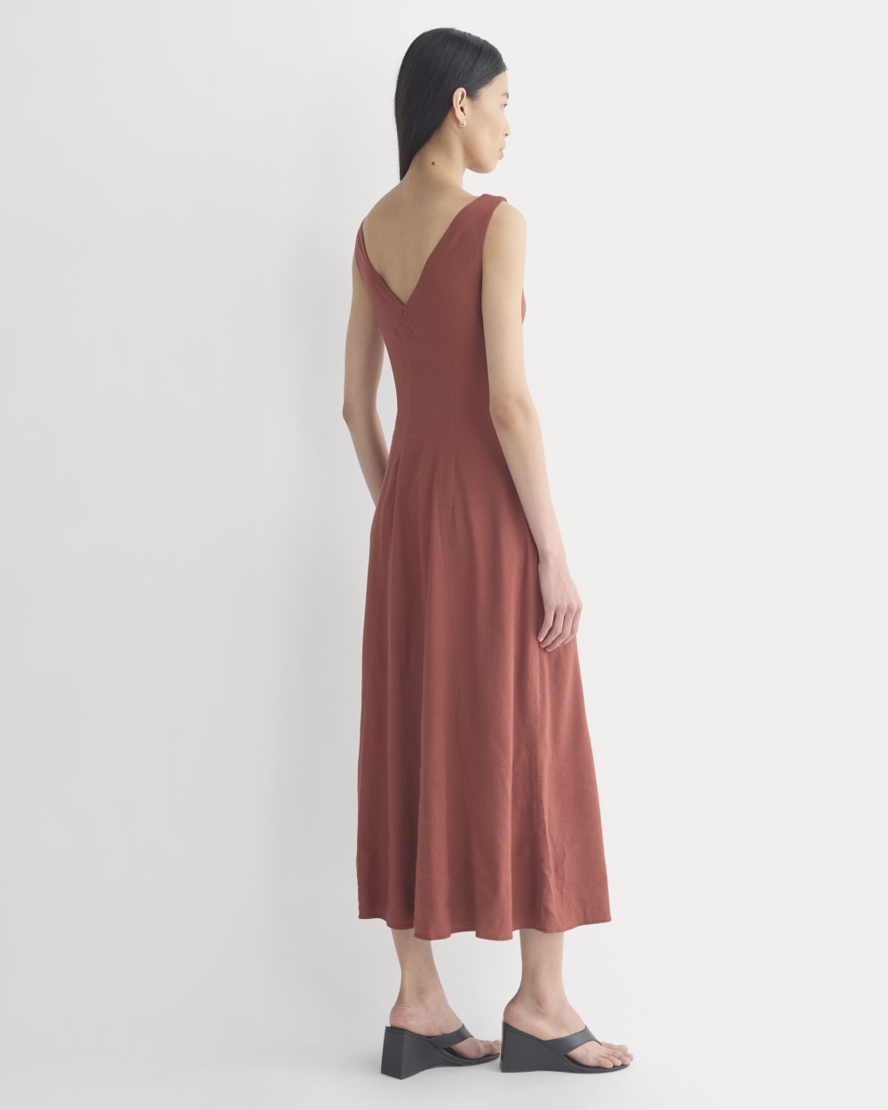 Everlane Deep V Seamed Dress, Stretch Linen, Henna Red, Size 14, Viscose/Linen