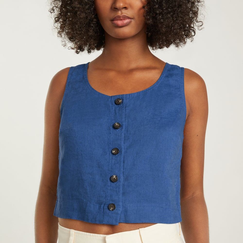 The Linen Button-Front Crop Tank | Deep Blue – Everlane