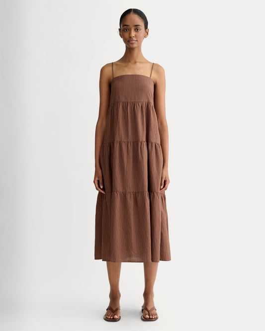 womens-gauze-tiered-dress-carob-brown-black-plaid | primary
