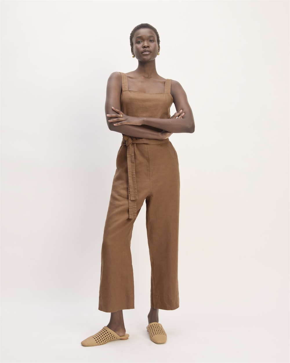womens-linen-side-button-jumpsuit-cocoa-brown | primary