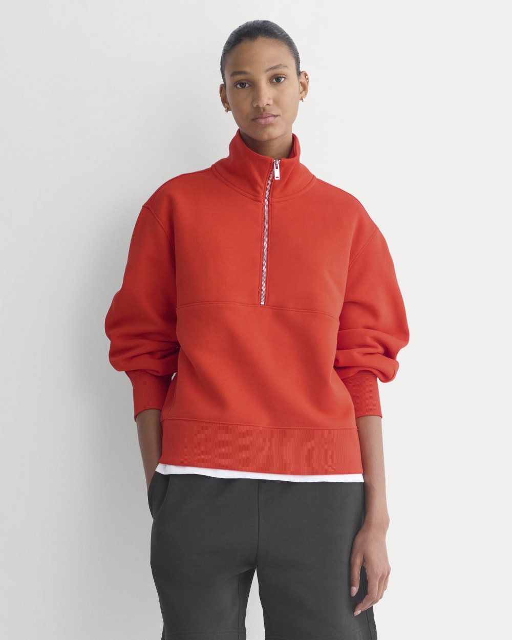 womens-luxe-fleece-half-zip-sweatshirt-fiery-red | primary