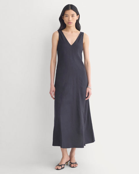 Deep V Seamed Dress in Stretch Linen
