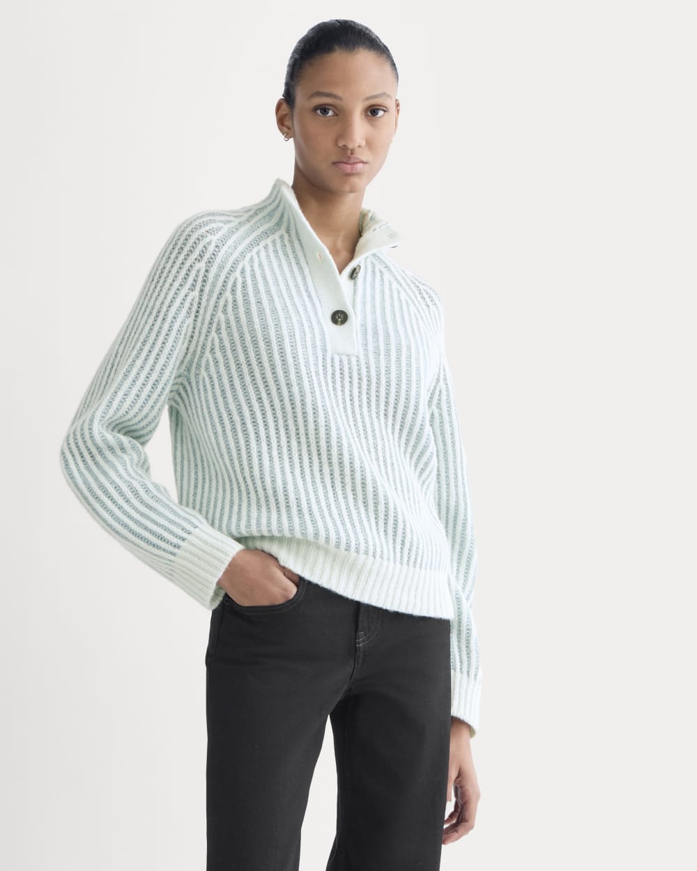 Funnel-Neck Ribbed Henley Sweater