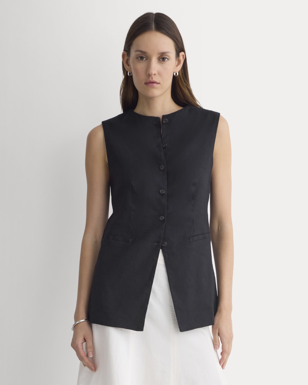 womens-long-vest-in-stretch-linen-black | primary