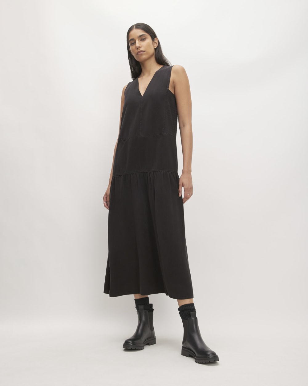 womens-tencel-v-neck-dress-black | primary