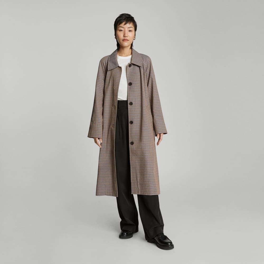 womens-gathered-mac-trench-blue-brown-houndstooth | primary